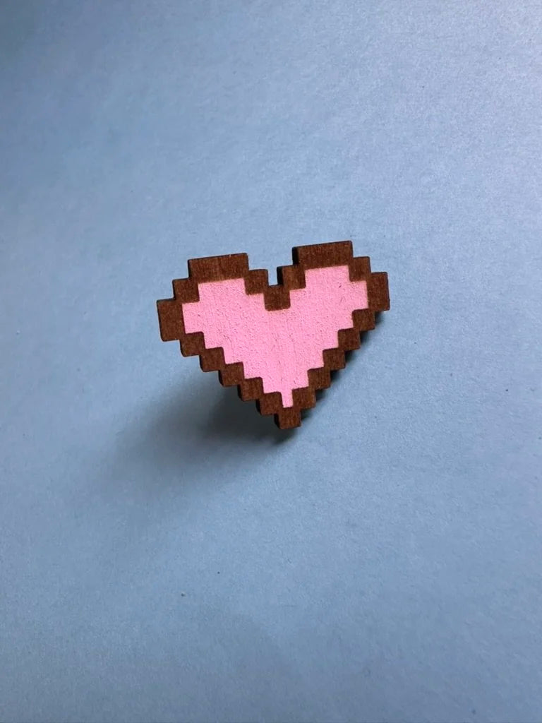 Pink Pixel Heart - Handmade Wooden Pin